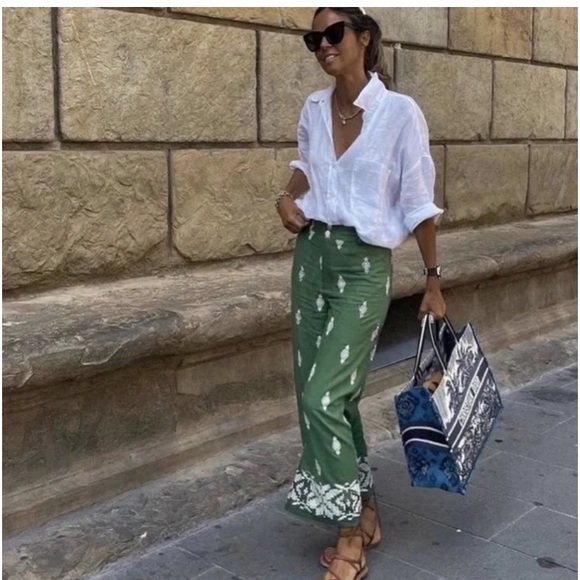 ZARA Linen Blend High Waisted Wide Leg Embroidered Culotte Pants - Picture 5 of 9